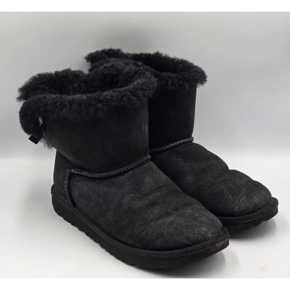UGG Mini Bailey Bow II 1017397K Kids 6 Women 8 Black Suede Boots